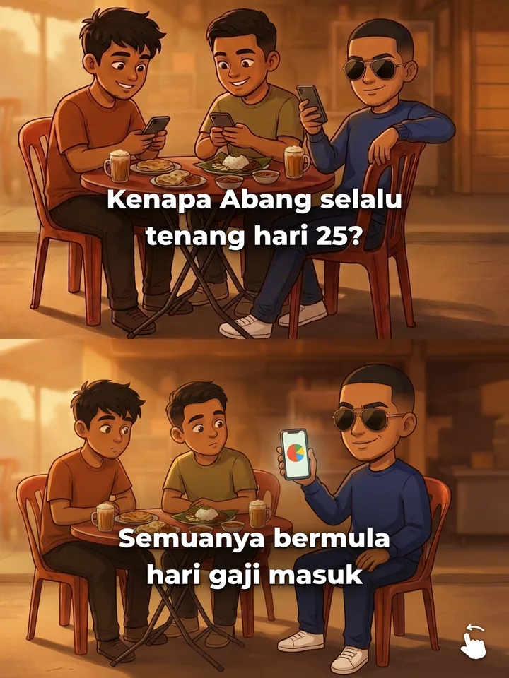 Tiga kawan di mamak pada hari gaji; Abang tunjuk carta pai di telefon.