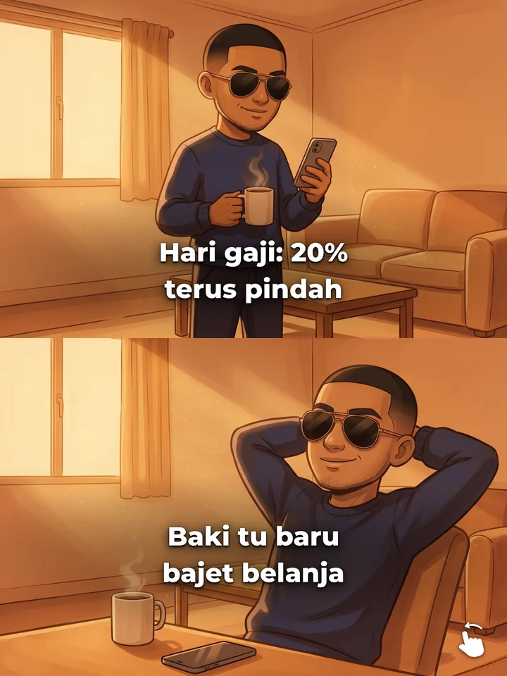 Pagi hari gaji: Abang minum kopi sambil melihat pindahan 20% berlaku, kemudian berehat.