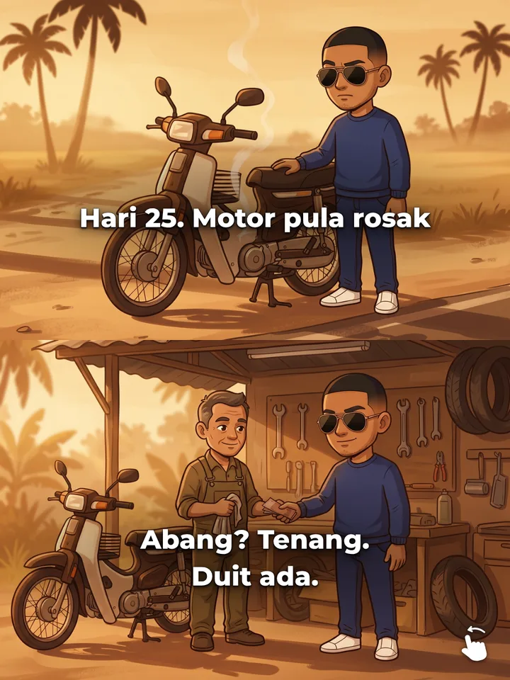 Motor Abang rosak di tepi jalan; di bengkel dia bayar dengan tenang.