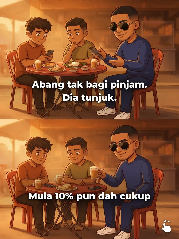 Di mamak, Abang terangkan caranya kepada dua kawan; gaji seterusnya mereka semua tenang.