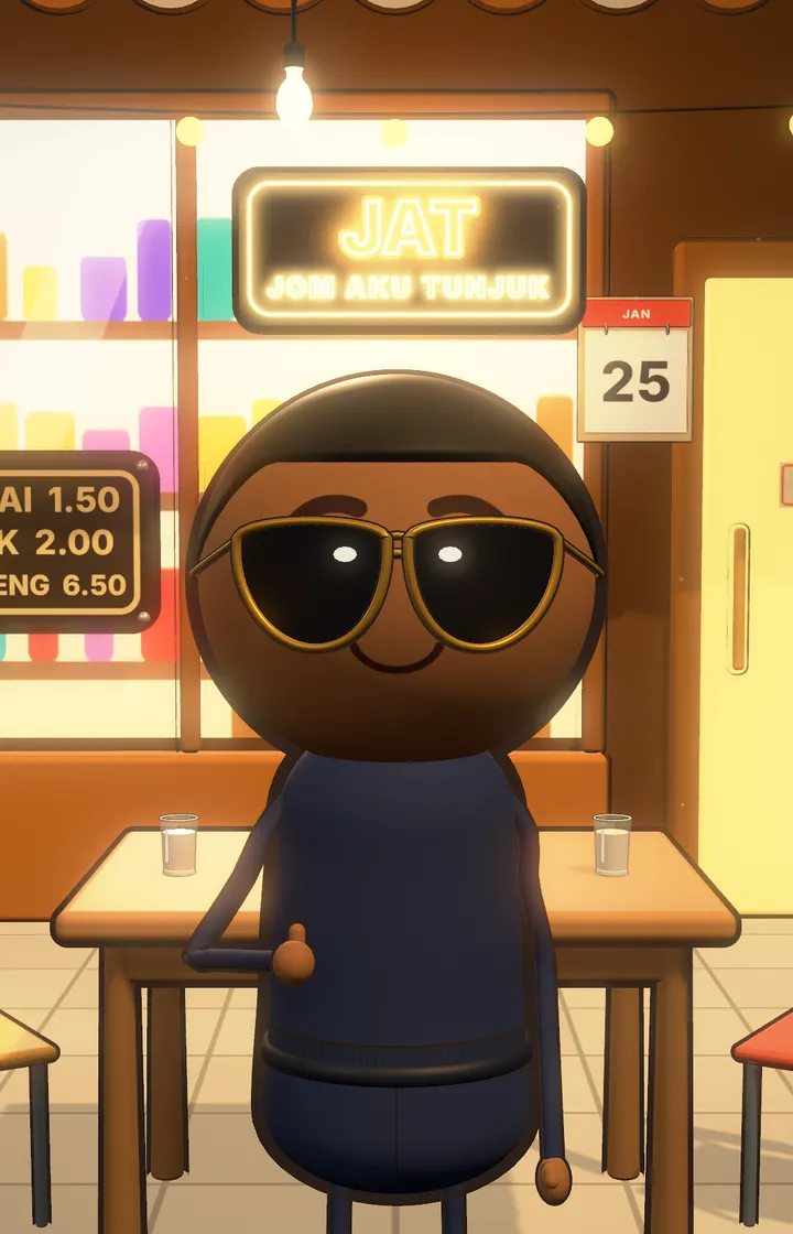 Abang, maskot JAT, di kedai mamak sambil angkat ibu jari